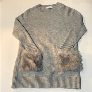 Gray sweater dress with fur pockets